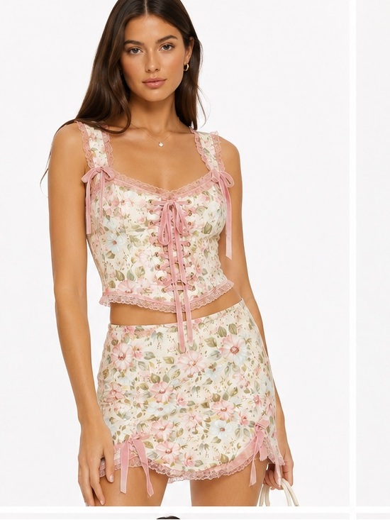 Dresses & Skirts - Floral Cottagecore Corset Top Mini Skirt 2 piece Set Pink Lace Co-Ord  XS–S